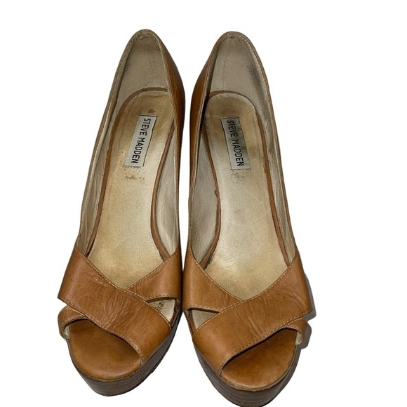 Steve Madden Women's Pumps Size 8.5M Leather Tan Open Toe Platform "Glamor" - Picture 2 of 9